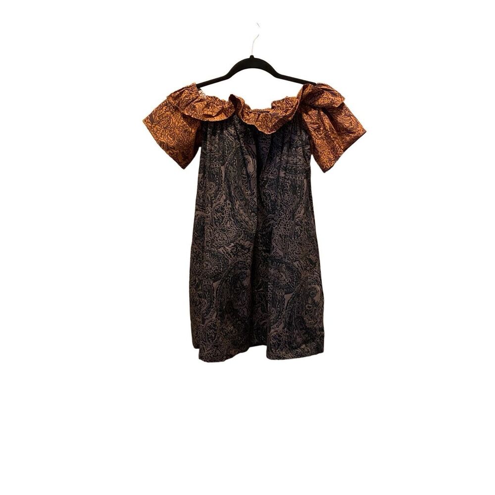 Free People Womens Medium Sophie Printed Swing Dress Navy Gold Paisley NWT